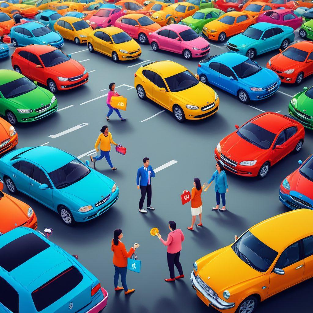 A vivid illustration of a person happily unlocking a car with a giant key labeled 'Affordable Insurance', surrounded by symbols of discounts like percentage signs and coins. The background showcases various types of cars representing diversity in auto coverage. Bright colors to convey positivity and accessibility. cartoon style. vibrant colors. 3D effect.