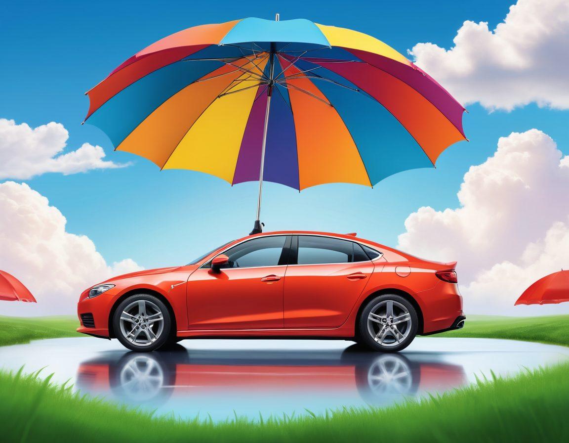 An eye-catching illustration of a car shielded by a giant umbrella, symbolizing protection and discounts. Around the car, colorful price tags showcasing various discount percentages float in the air. In the background, a serene landscape with a blue sky and fluffy white clouds emphasizes peace of mind. A stylish banner reads 'Custom Policies' in bold letters, adding a touch of professionalism. vibrant colors. vector art.