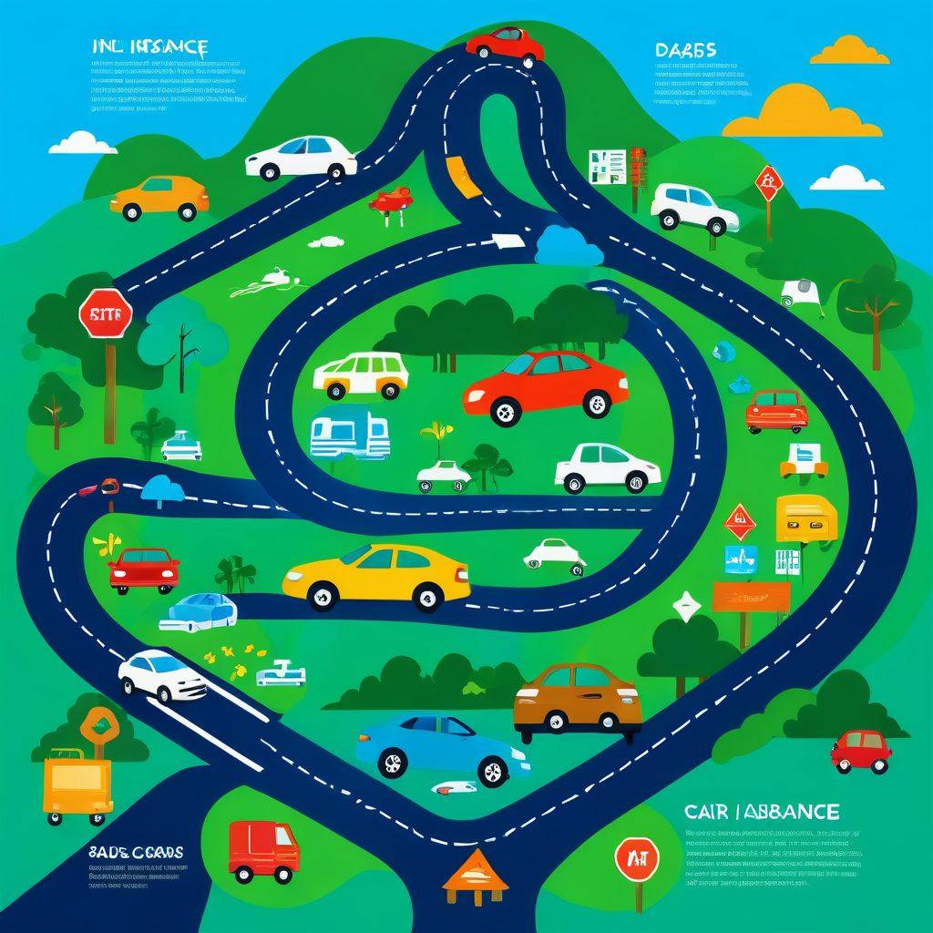 An illustrated roadmap featuring various car insurance icons, like a magnifying glass searching for deals, calculator, and a steering wheel. Include diverse cars cruising along the path, with colorful signposts indicating different insurance tips. The background should depict a clear blue sky and green landscapes, symbolizing exploration and smart decision-making. vibrant colors. vector art.